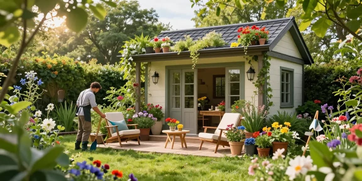 Gartenhaus umgeben von blühenden Pflanzen und einem einladenden Patiositzbereich.