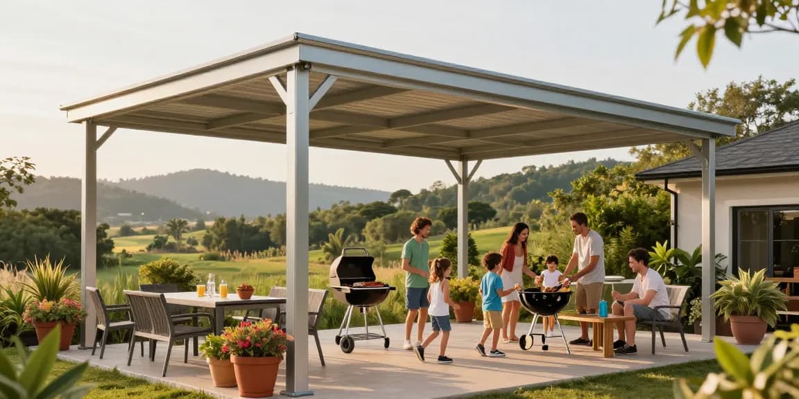 Moderne Terrassenüberdachung im Garten mit Familie beim Grillen.