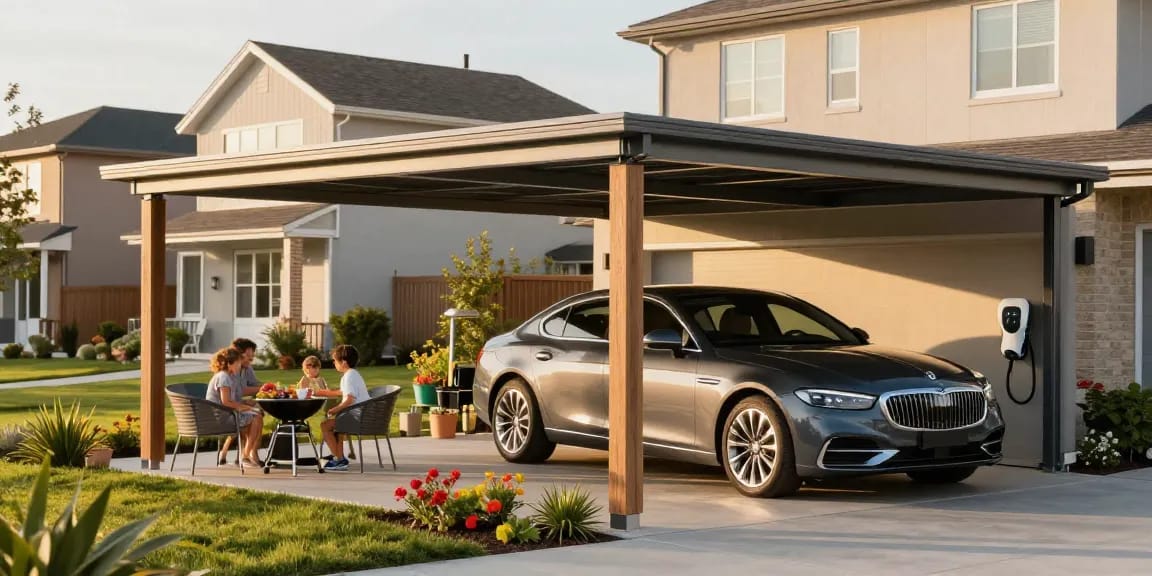 Moderne Carport-Lösung bietet Schutz für Fahrzeuge in einem stilvollen Garten.