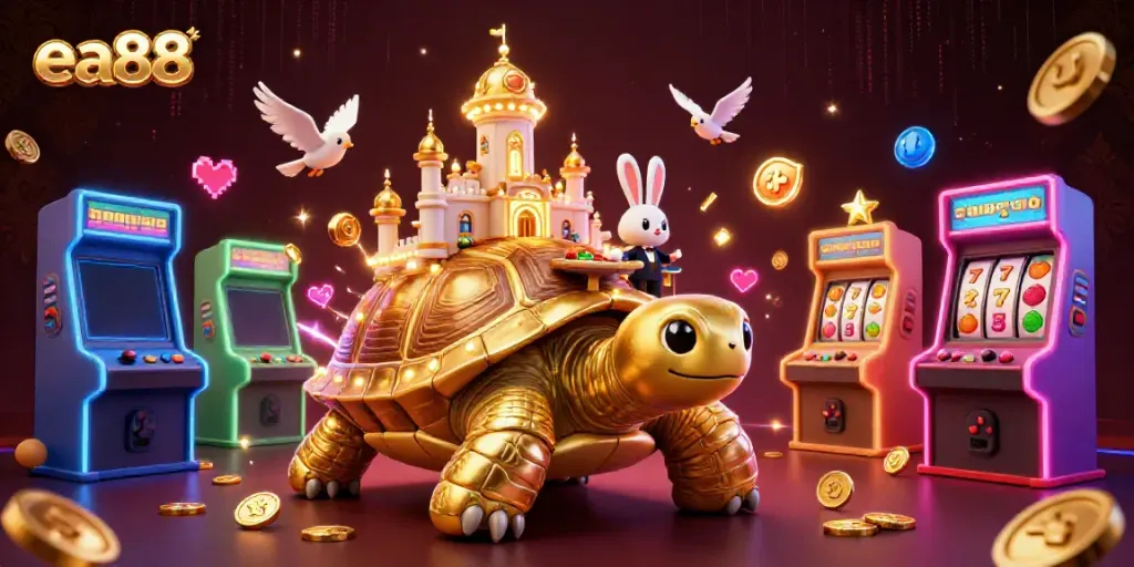 Experience the vibrant ea88 casino scene with golden tortoise, dealer, and arcade games.