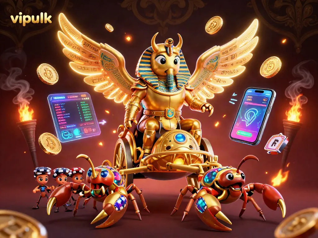 Join the excitement at Vipluck Casino with a colossal golden scarab beetle leading a dynamic gaming scene.