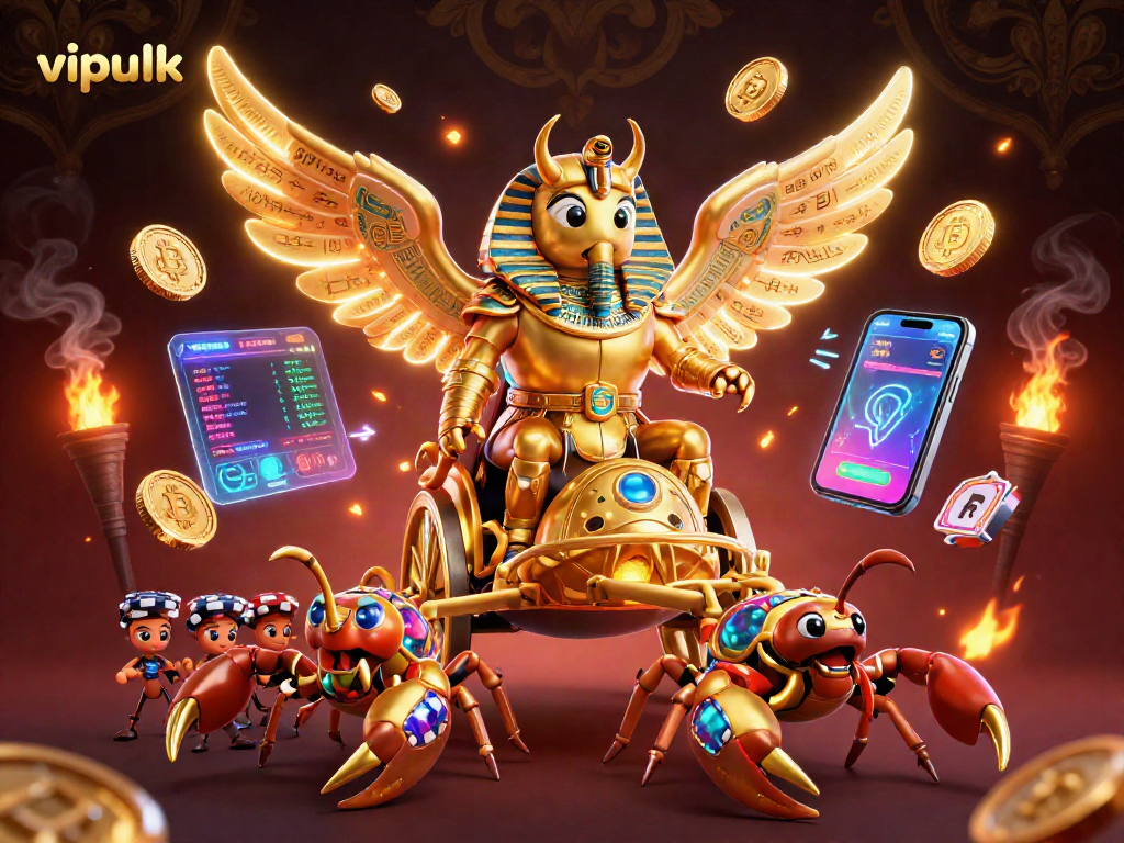 Join the excitement at Vipluck Casino with a colossal golden scarab beetle leading a dynamic gaming scene.