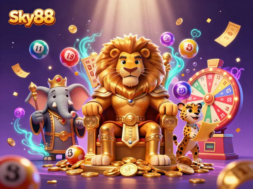 Experience thrilling gameplay at Sky88 with vibrant lottery elements and majestic characters in a magical casino setting.