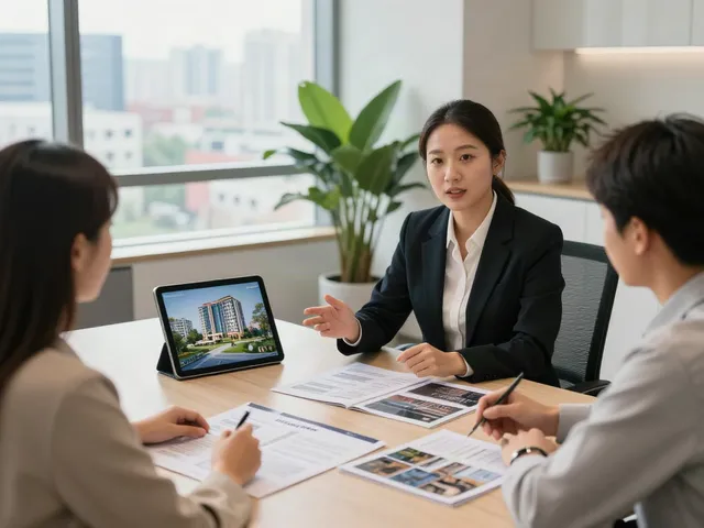 Professioneller Immobilienmakler in modernem Büro zeigt Klienten die besten Immobilien in Frankfurt.