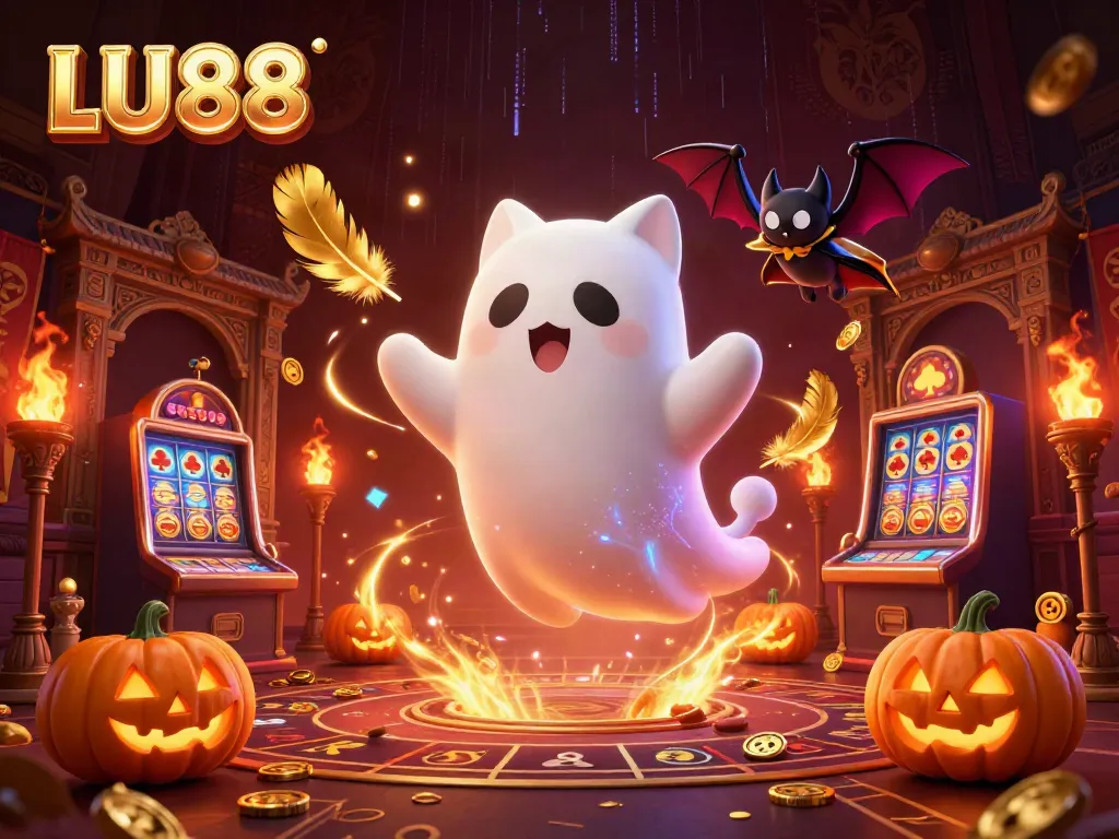 LU88 brings excitement with a friendly ghost cat and bat in a vibrant haunted casino scene.