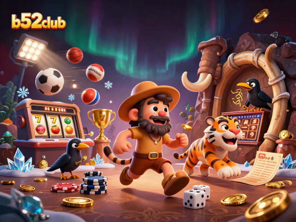 Engage in exciting games at b52club with this vibrant prehistoric casino scene featuring unique characters.