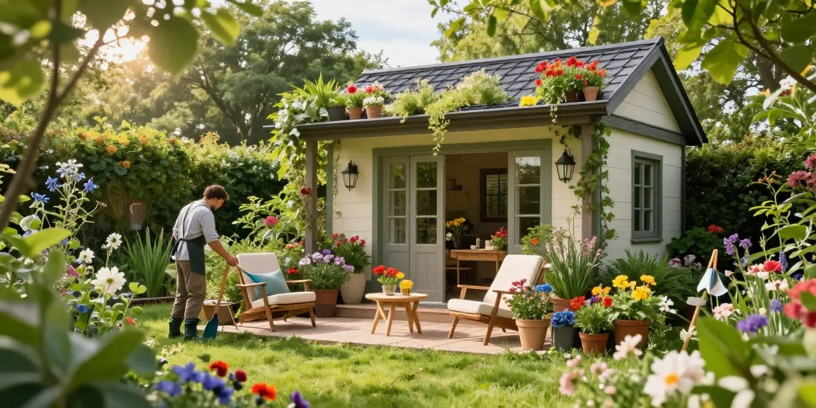 Gartenhaus umgeben von blühenden Pflanzen und einem einladenden Patiositzbereich.