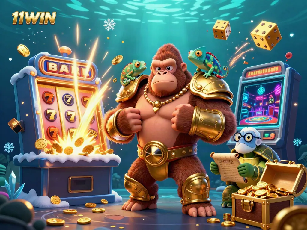 Witness the excitement of 11WIN with a vibrant casino scene featuring a gorilla king, chameleon, and tortoise amidst a jackpot explosion.