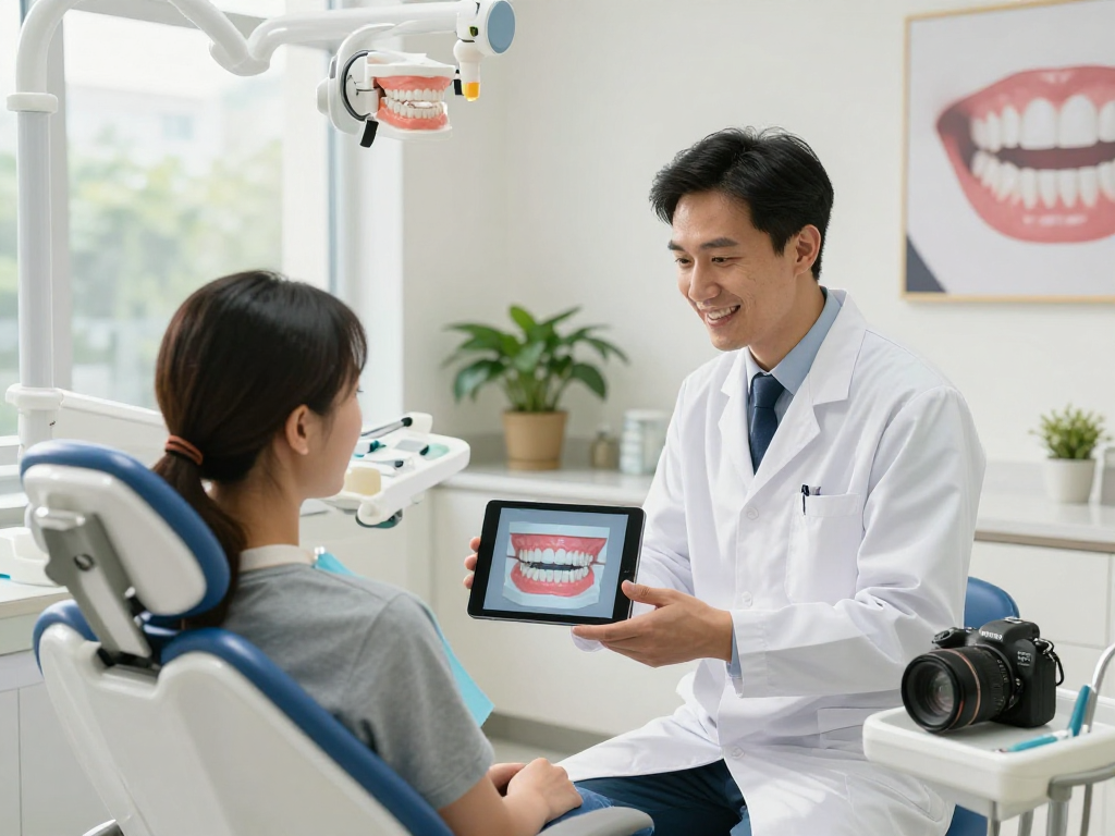 Kieferorthopäde in Kieferorthopädie-Praxis erklärt Behandlungsoptionen für Patienten.