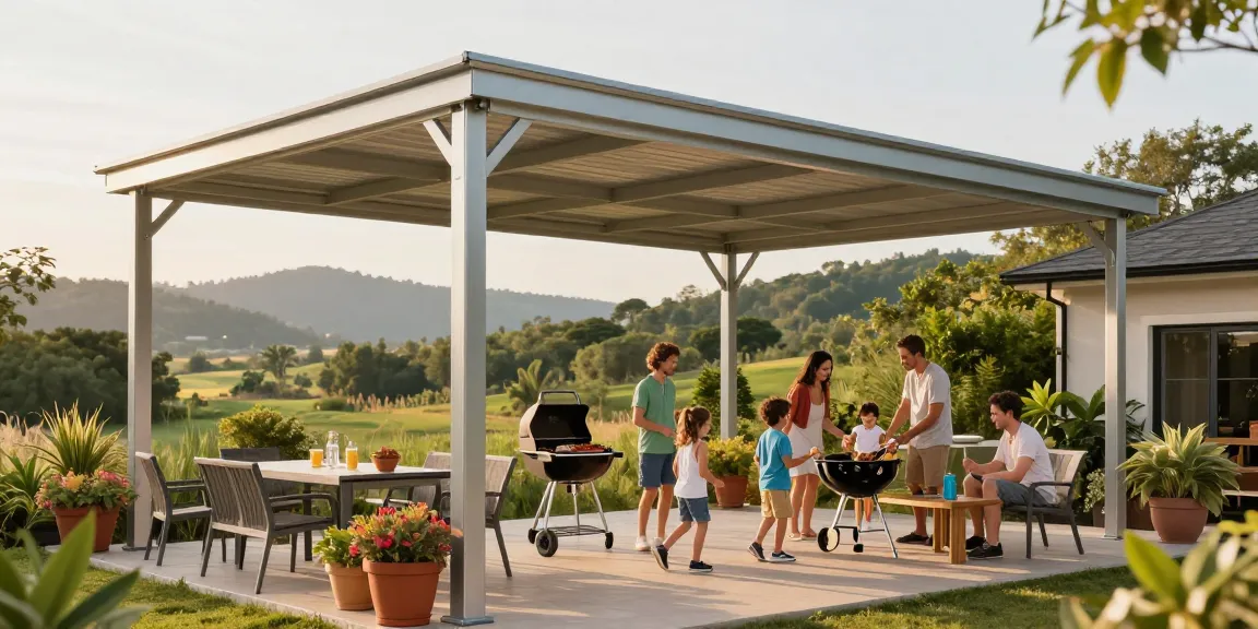 Moderne Terrassenüberdachung im Garten mit Familie beim Grillen.