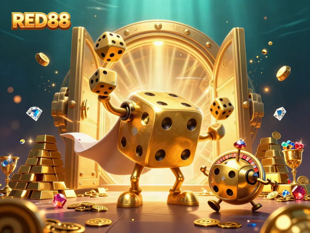 Experience the excitement of RED88 with golden dice golems and sparkling treasures amidst dynamic casino scenes.