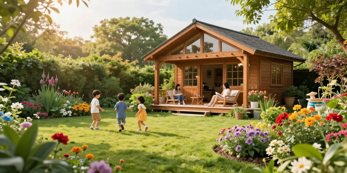 Helles Gartenhaus aus Holz umgeben von Blumen und Familienleben, ideal für ein Gartenhaus Holz.