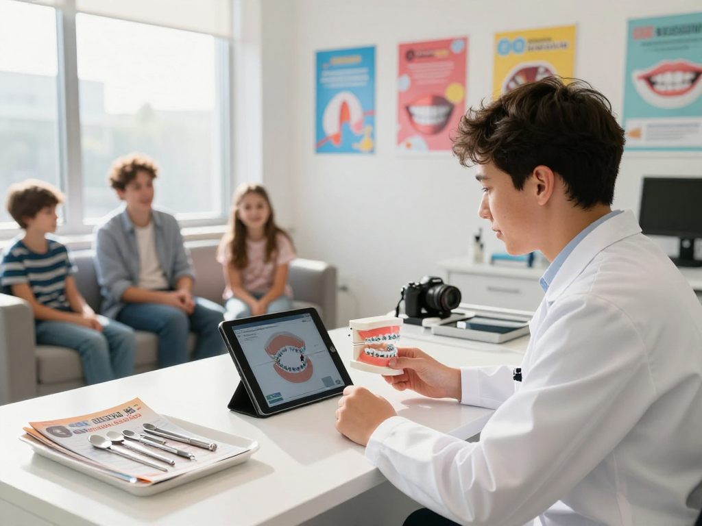 Orthodontist explains Kieferorthopädie treatment to patient in modern office