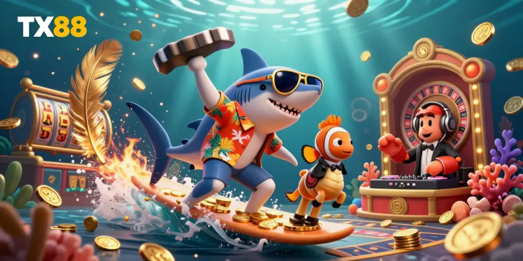 Experience thrilling gaming moments with TX88: a vibrant illustration of a shark surfing on coins.