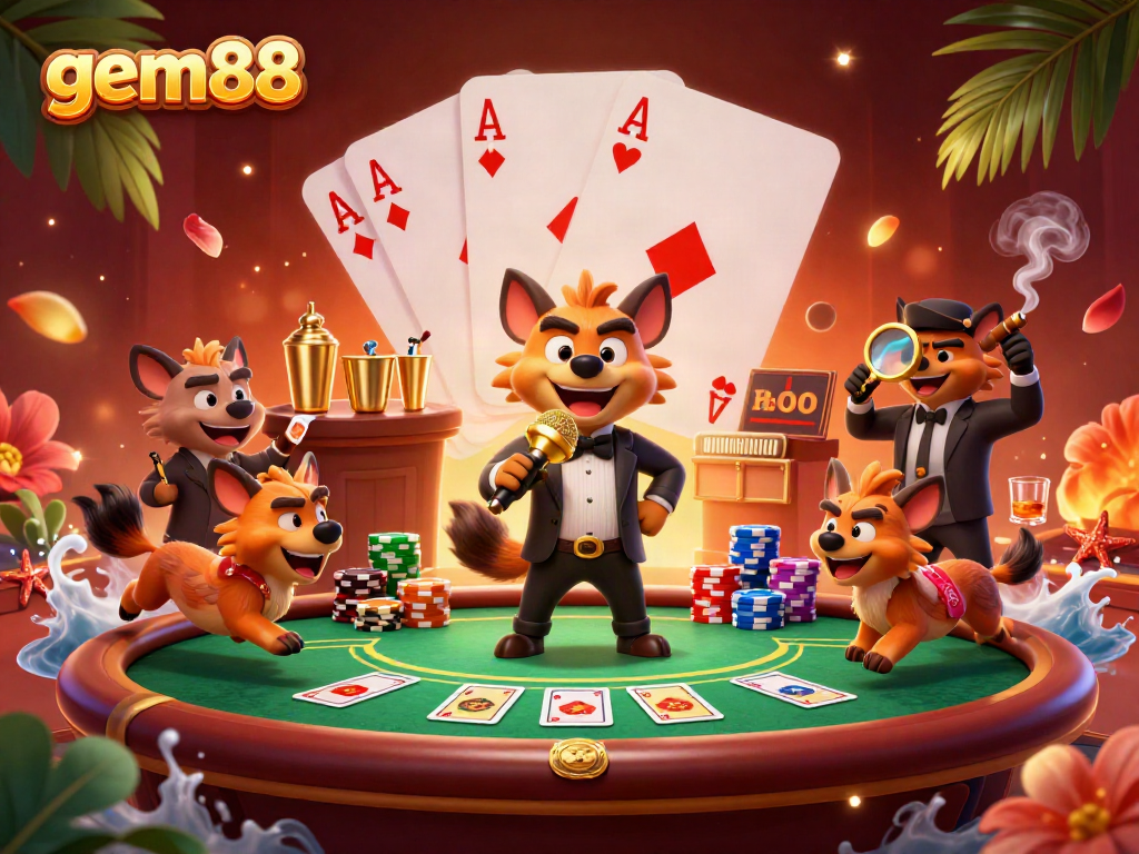 Experience the vibrant atmosphere of gem88 with hyenas entertaining in a lively casino scene.