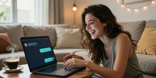 Engaging in a playful porn chat, a couple connects in a cozy living room.