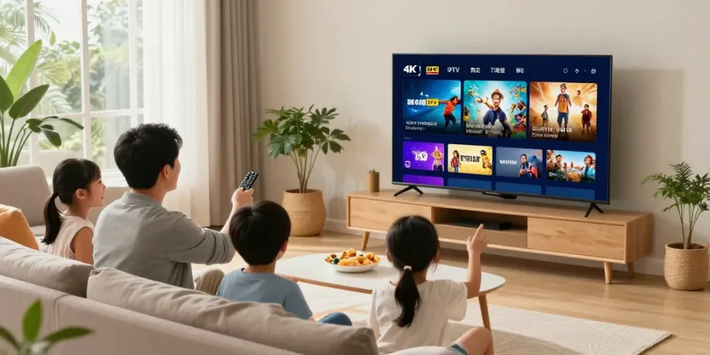 Family enjoying IPTV 4K streaming in a cozy living room with a smart TV.