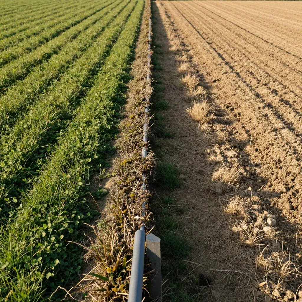 Zwei benachbarte Grundstücke mit Hecke: links gepflegte Wiese, rechts rauer Boden.