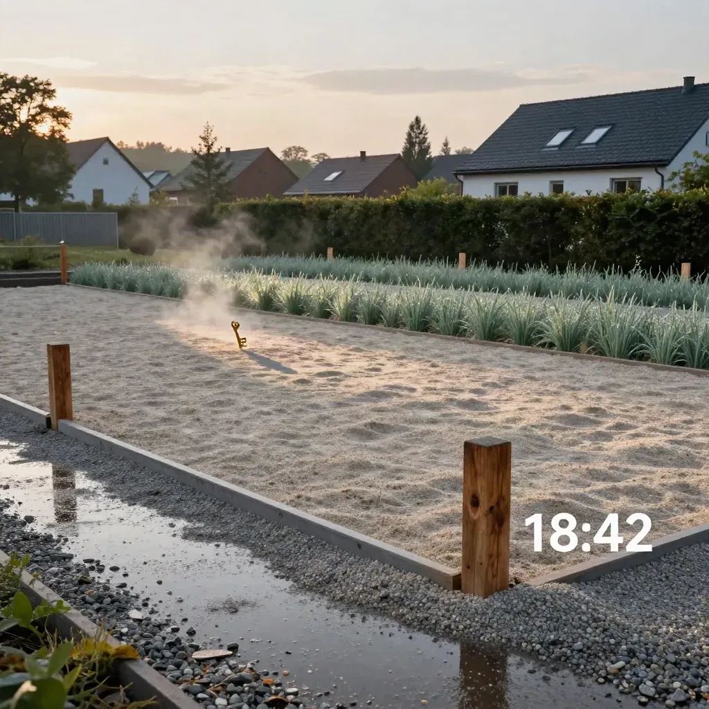 Neugeordnetes Baugrundstück im Abendlicht mit Pfosten, Schotter und feuchtem Gras.