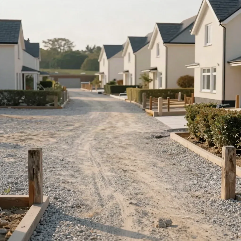 Schräger Blick auf ein Baugrundstück mit Kiesweg, Pfosten, Hecken und neuen Häusern.