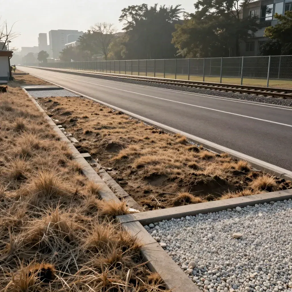 Grundstücksrand mit Straße, Schulfeld, Gleisen und Baumstreifen in weiter Perspektive