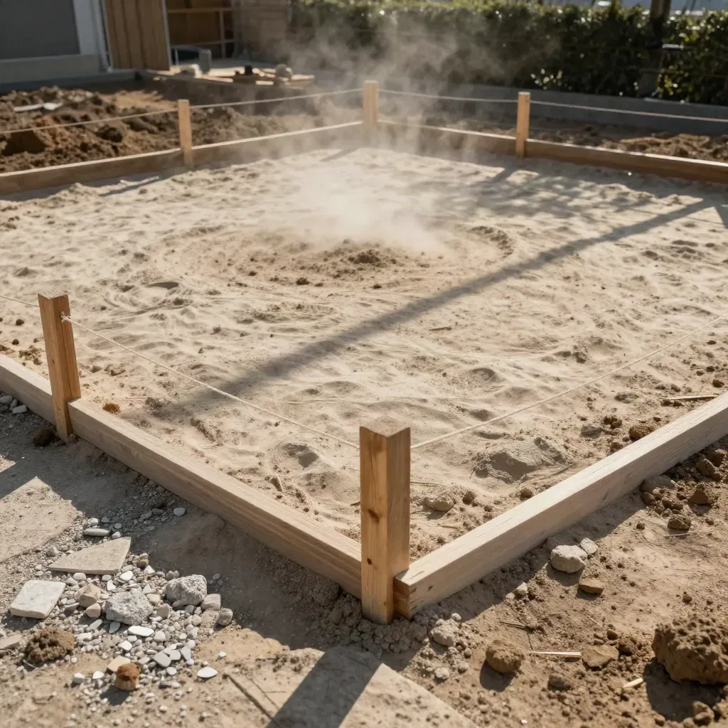 Abgesteckte Bauparzelle mit Zaunlinie und Staub im Wind bei tiefem Sonnenlicht