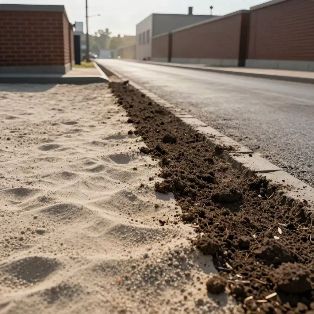 Baugrund mit zwei Bodenschichten an der Stadtkante vor Backsteindächern