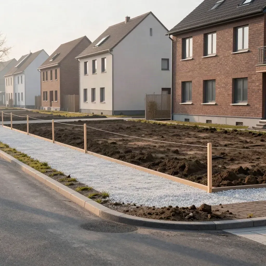 Leeres Baugrundstück in Nürnberg mit Frischmarkierungen und sauberem Zugangsweg.