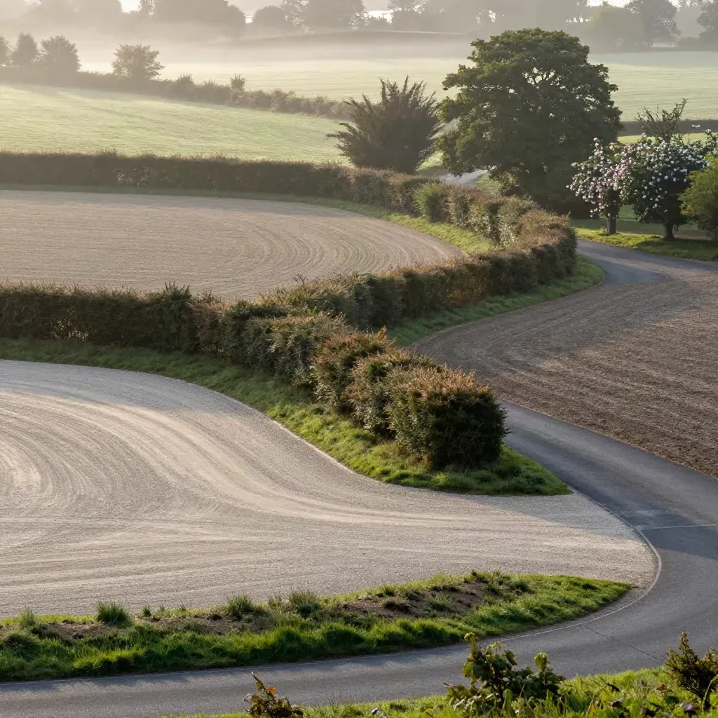 Drei baureife Grundstücksränder in nebliger Landschaft mit Zufahrten und Hecken