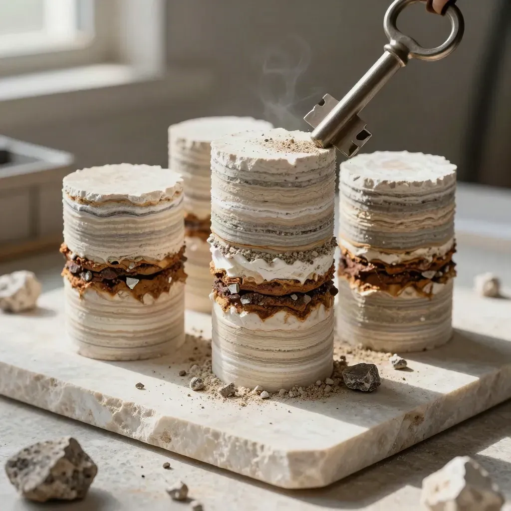 Geologische Bohrkerne, Gesteinsproben und Mineralchips auf hellem Stein.