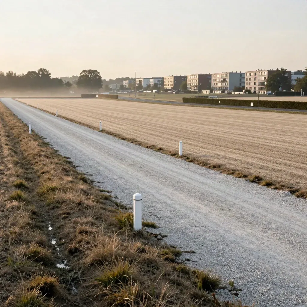 Leeres Randgrundstück in Köln mit Zufahrtsstraße, Hecken und fernen Wohnblöcken im Abendlicht