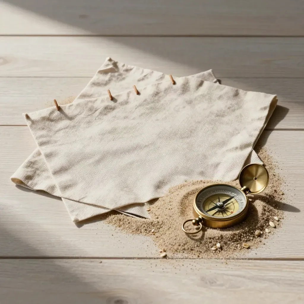 Brasskompass, Leinenmappe und Pflöcke auf hellem Holz mit Sand