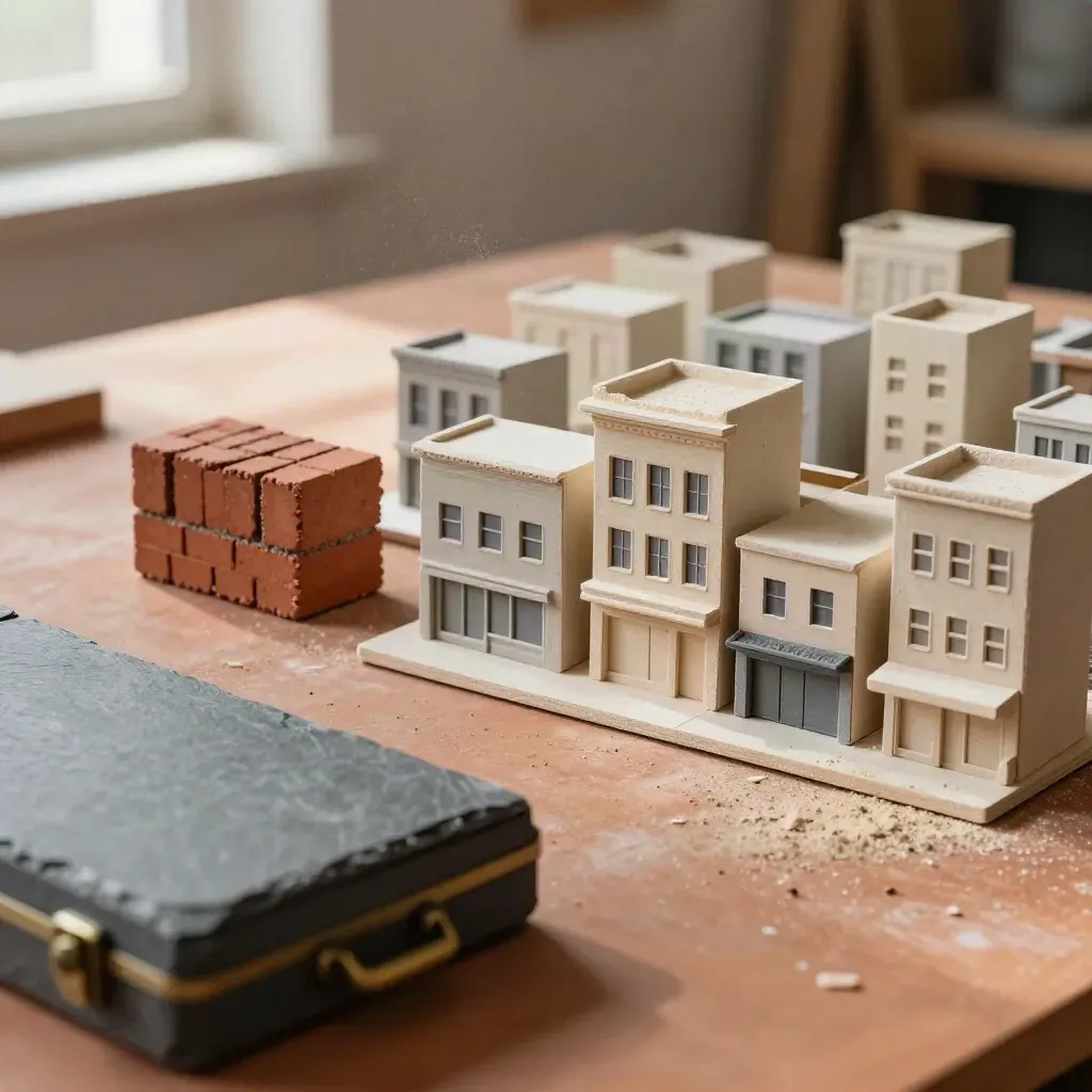 Miniatur-Stadtmodell, Ziegelprobe und gefaltete Planmappe auf einem Werkstisch.