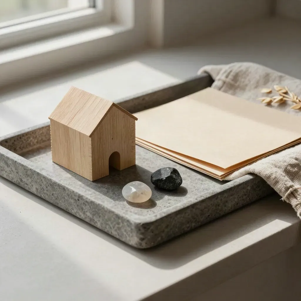 Timber-Hausblock, Planungsmappe und Kiesproben auf Stein mit weichem Seitenlicht.
