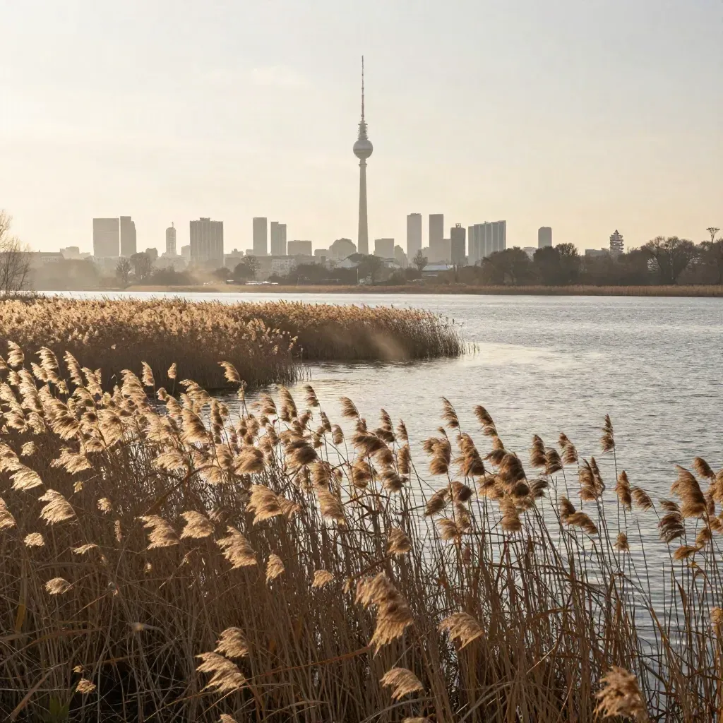 Berliner Skyline über Schilf und ruhigem Wasser im warmen Dunst