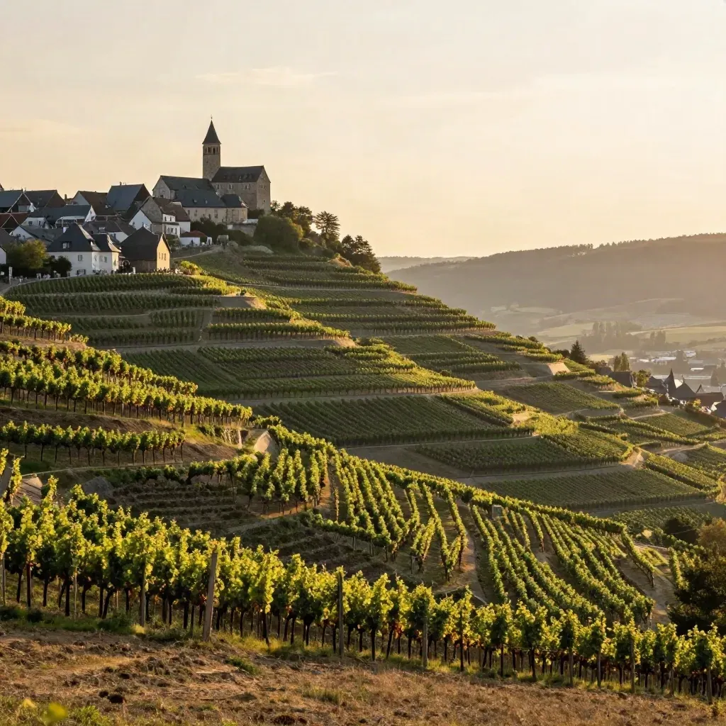 Weinberge, Hangort und Burgsilhouette im warmen Dunst über Baden-Württemberg.