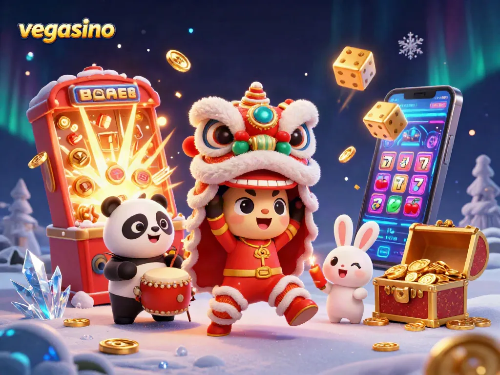 Engage with vegasino platform through vibrant illustrated scene of casino excitement and festive characters.