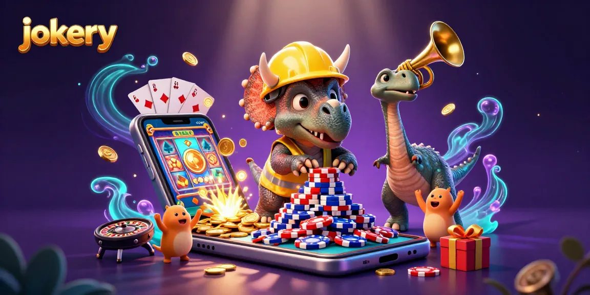 Engage in thrilling jokery as a triceratops builds a poker chip pyramid amidst vibrant casino elements.
