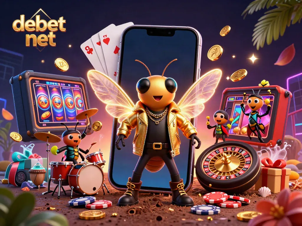 Experience the excitement of debet net with a dynamic casino illustration filled with colorful game elements.