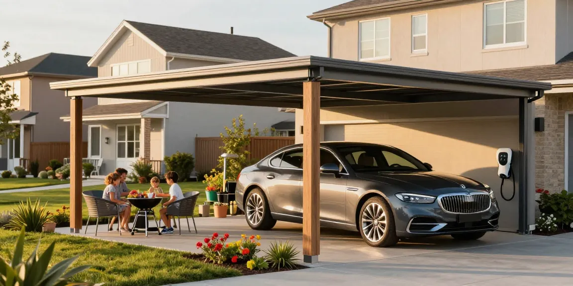Moderne Carport-Lösung bietet Schutz für Fahrzeuge in einem stilvollen Garten.