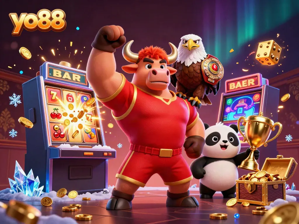 Experience the excitement of yo88 with a dynamic scene featuring a bull mascot, eagle, and panda celebrating jackpots.