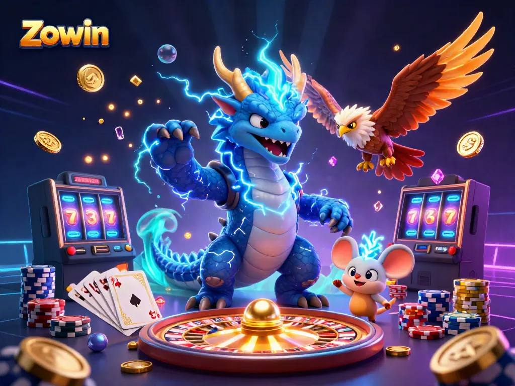 Experience thrilling wins at Zowin with vibrant 3D characters, golden coins, and casino games.