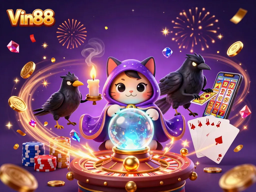 Win at Vin88 with an enchanting scene featuring mystical characters and dynamic casino elements.