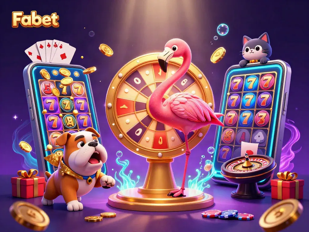 Fabet showcases colorful slot games in a thrilling casino environment with engaging characters.