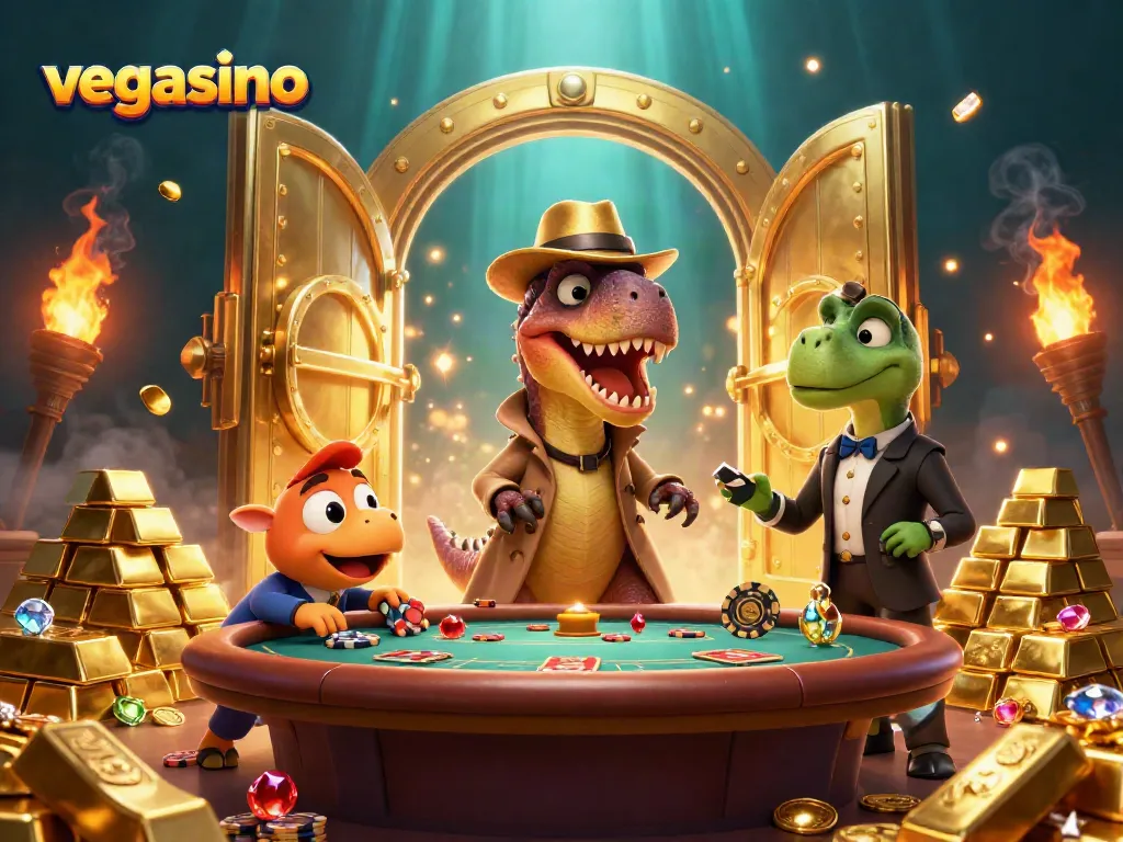 Experience excitement at vegasino with a velociraptor card counter, blackjack, and treasure elements.