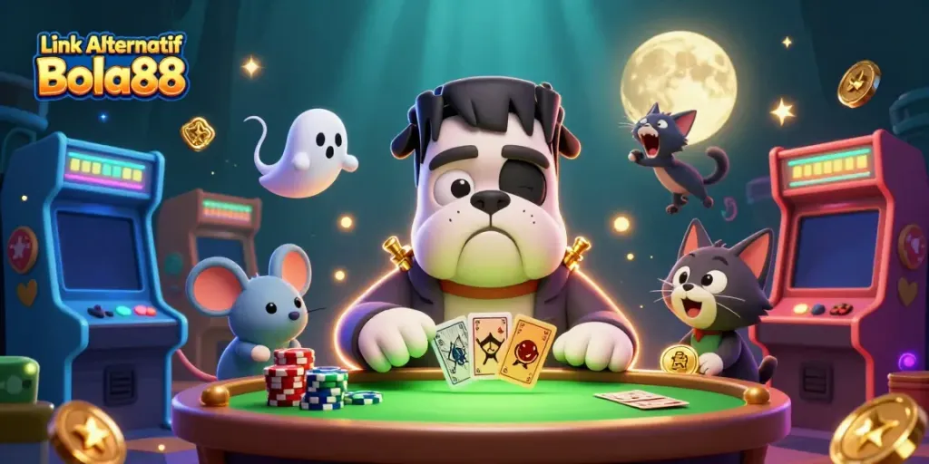 Engage with Link Alternatif Bola88 as a Frankenstein bulldog monster deals cards, enhancing your gaming experience.
