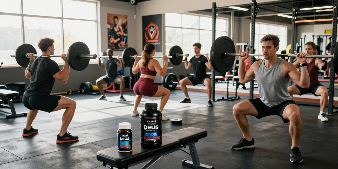 Aktive Athleten im Fitnessstudio, die Deus Medical Produkte verwenden, um ihre Leistung zu steigern.