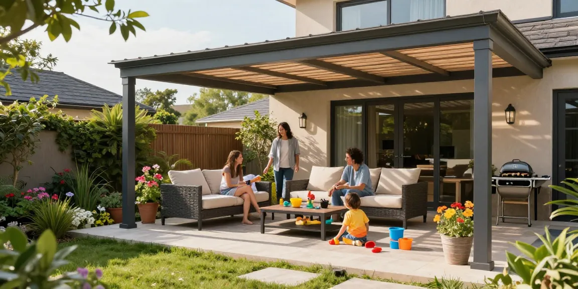 Freistehende Terrassenüberdachung im Garten mit spielenden Kindern und entspannendem Ambiente