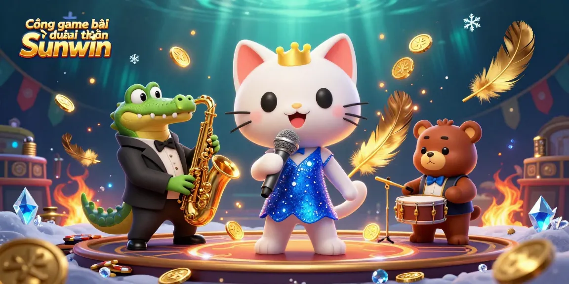 Cổng game bài đổi thưởng Sunwin showcases vibrant characters performing in a lively casino atmosphere.