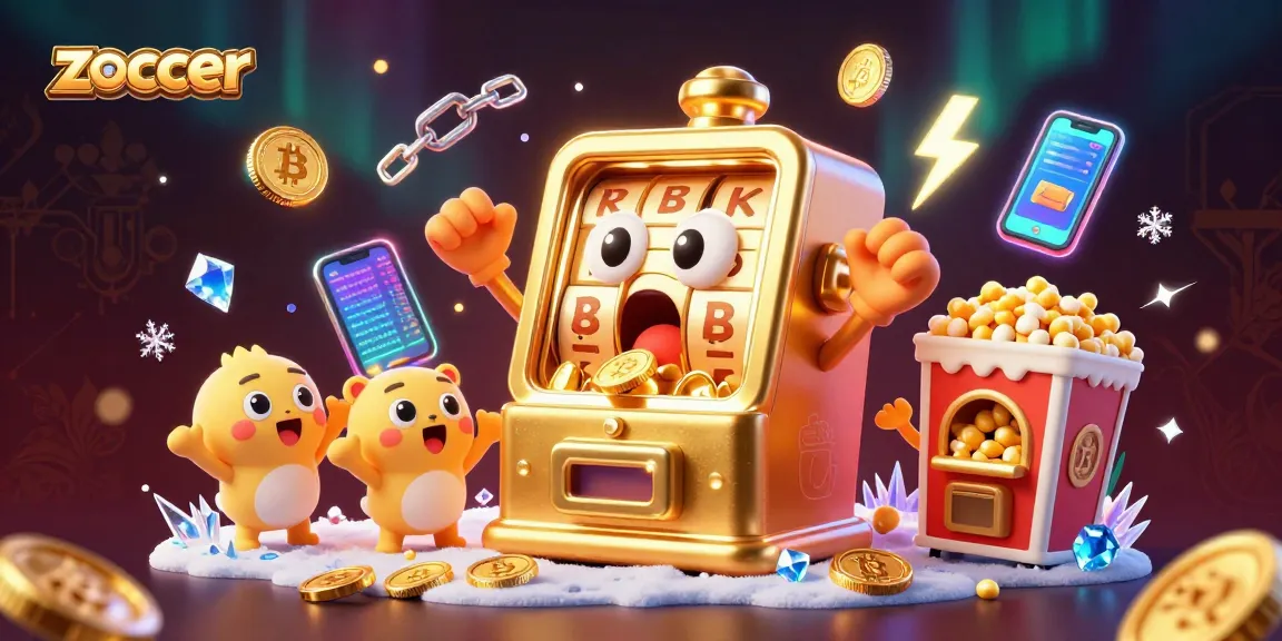 Zoccer slot machine celebrates a jackpot with cheering machines, surrounded by neon crypto coins.